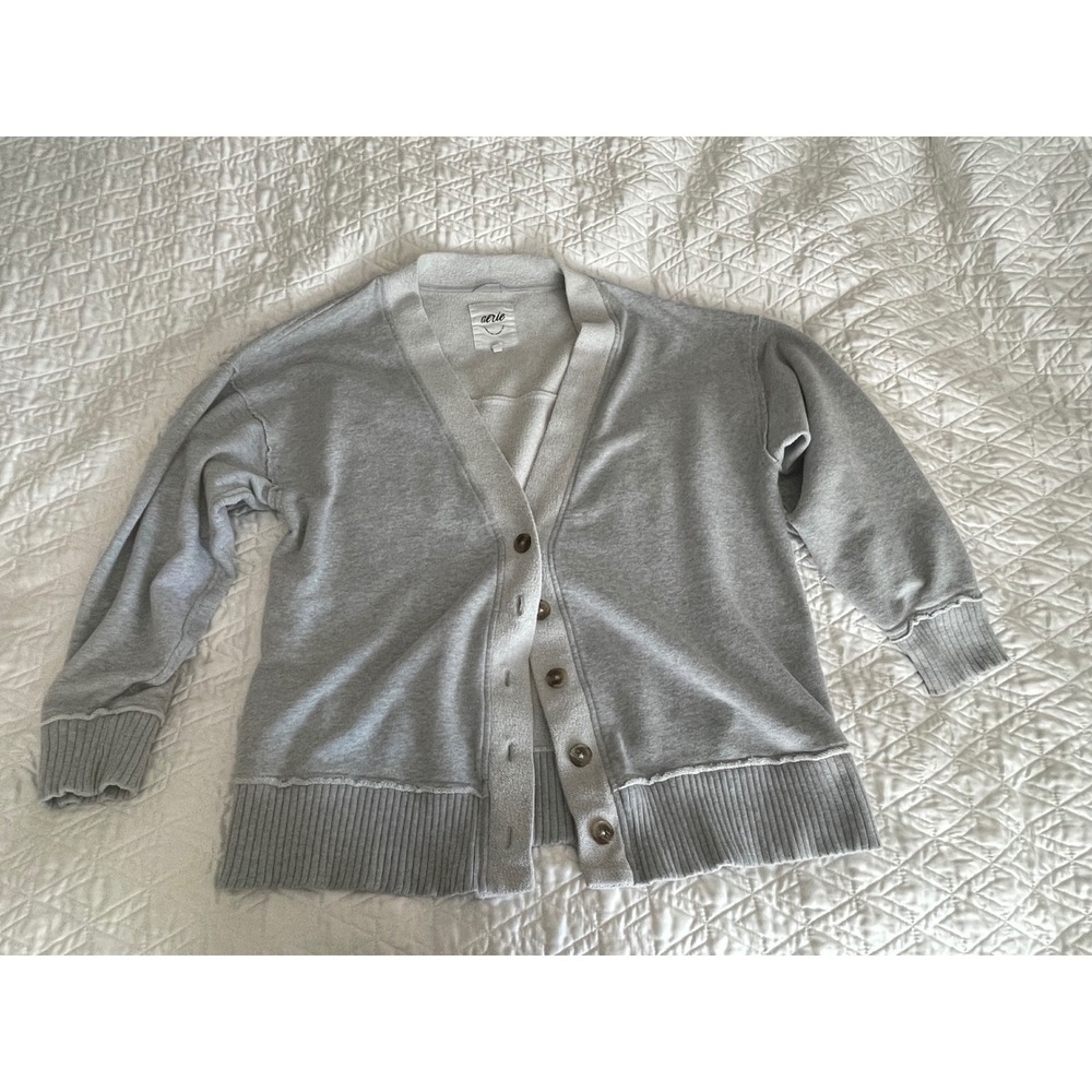 Aerie Cardigan Fleece Sweatshirt V-Neck Button Gray Raw Hem Oversized Size L